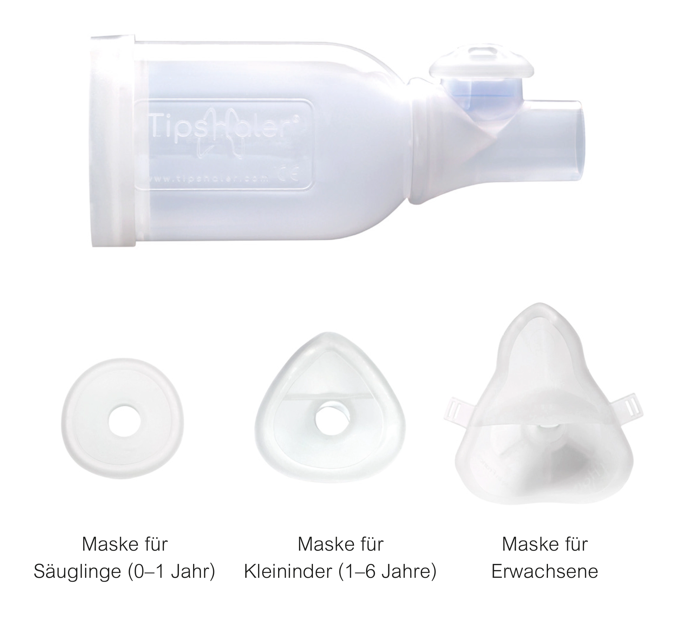 Produktabbildung Inhalierhilfe TipsHaler-HospitHal® und zugehörige Masken